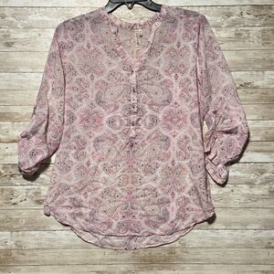 Grand & Greene Pink Blouse Womens M Paisley Roll Tab Sleeve Vneck Button